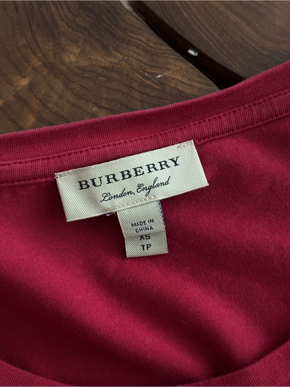 Burberry Women’s Deep Red Scoop Neck Top with Check Cuff Detail - Picture 2 of 4